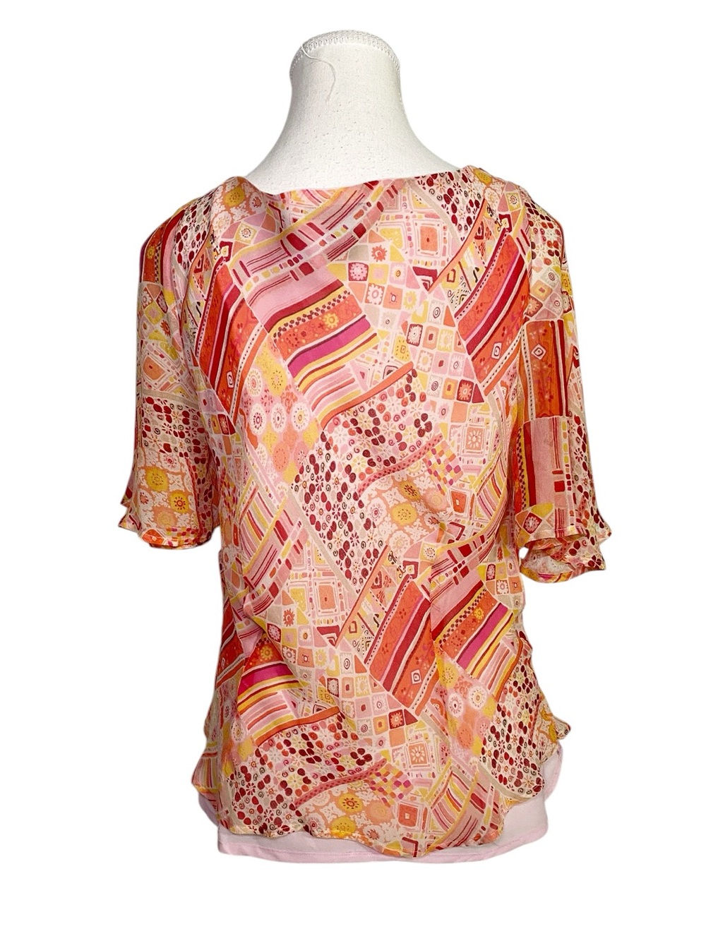 Silkland Y2K Boho Chic 100% Silk Patchwork Flutter Sleeve Blouse - Picture 2 of 14
